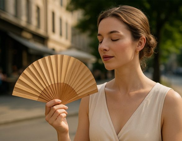 Une femme élégante utilise un éventail en bois naturel pour se rafraîchir dans une rue ensoleillée