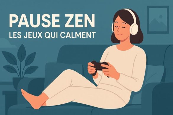 Femme détendue en tenue blanche prenant une pause zen sur son canapé, jouant à un jeu mobile avec casque audio