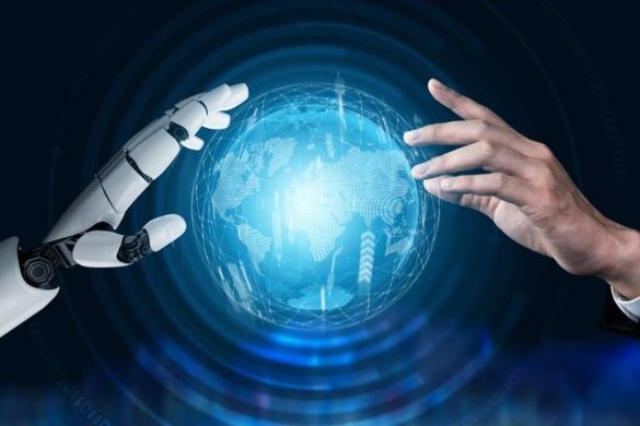 Une main humaine et une main de robot s'approchent d'un globe terrestre numérique bleu.