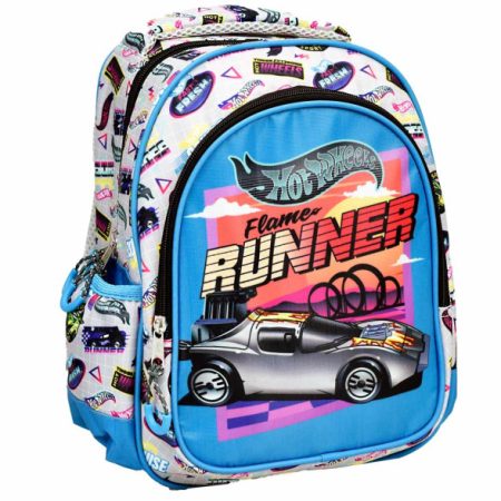 Un sac à dos d'école bleu et blanc Hot Wheels Flame Runner avec une voiture de course.